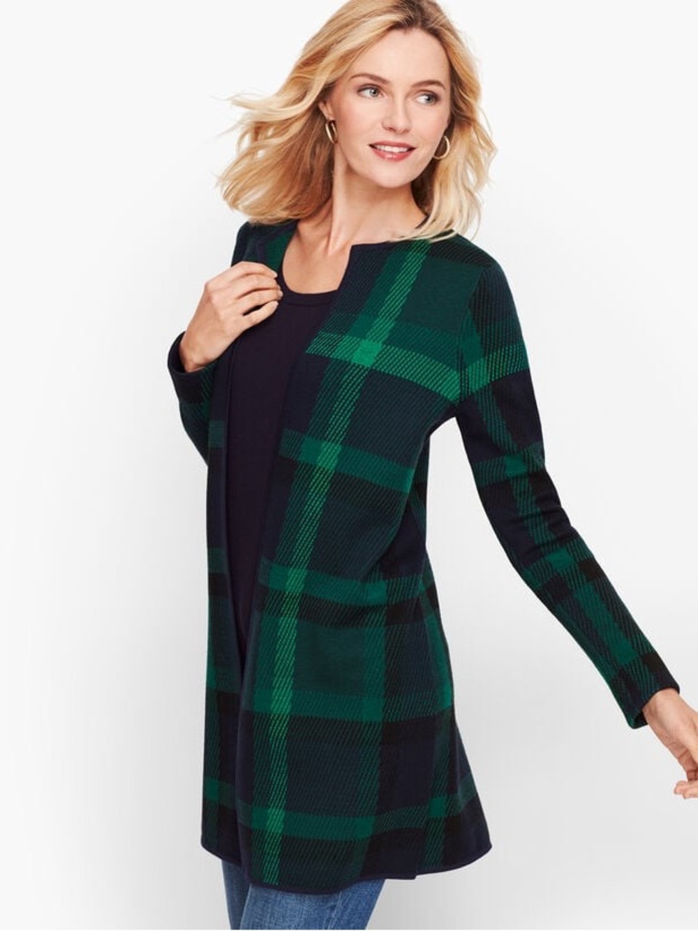 Talbots Navy & Green Plaid 100% Pure Merino Wool Open Long Cardigan Size XS - Picture 2 of 7